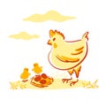 A hen is raising her chicks, next to a nest with eggs, vector illustration